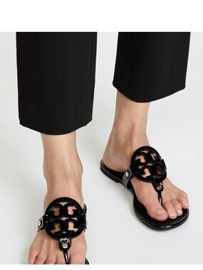TORY BURCH Black Patent Leather Miller Classic Designer Logo Sandals
